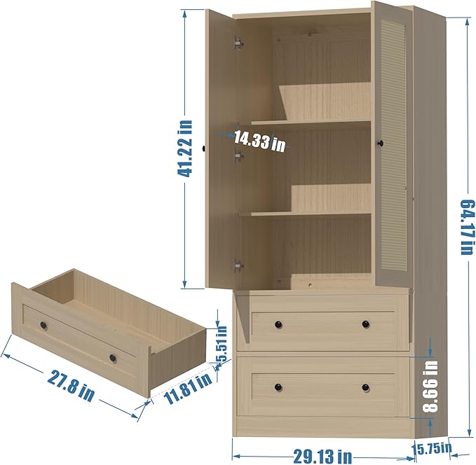 Rattan Oak Kitchen Pantry, 64.2" Tall Storage Cabinet with Doors and Drawers, Freestanding Wooden Storage Organizer for Kitchen, Dining Room-Ruum Studio Home