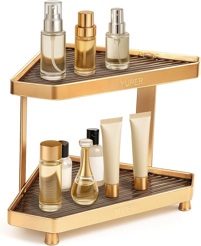 YUPER Bathroom Counter Organizer, 2-Tier Corner Bathroom Organizers and Storage, Makeup Storage Shelf Vanity Tray Perfume Organizer, Bedroom Corner Counter Storage Sink Shelf Gold-Ruum Studio Home