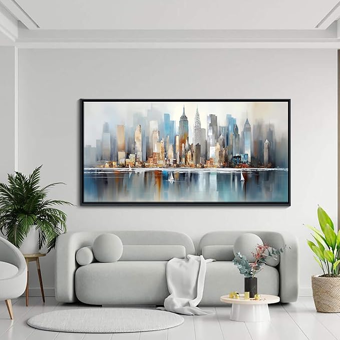 DUNHUANG ART Modern New York City Skyline Wall Art - Abstract Colorful Manhattan Sky Painting for Home & Office Decor - Large Framed Cityscape Picture 24"x48"-Ruum Studio Home