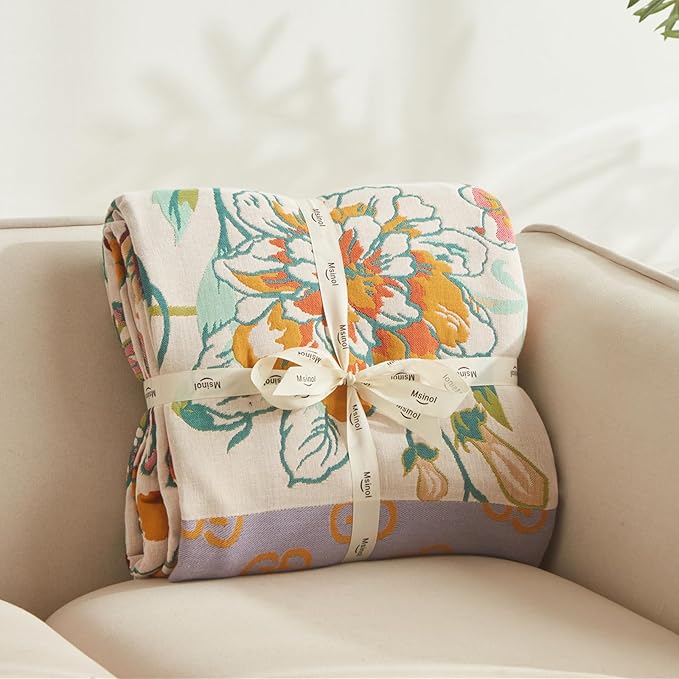 Floral Throw Blanket Pure Cotton Ultra Soft Lightweight Blanket Reversible Farmhouse Blankets Reversible Rustic Throw for Sofa Couch (60"x80",05-Butterfly and Flower)-Ruum Studio Home
