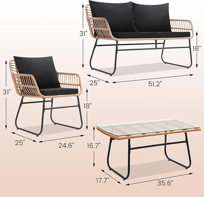 Kromax 4 Piece Patio Bistro Outdoor Furniture Set, Wicker Sofa, 2 Rattan Chairs, and Table, Backyard Conversation Set, All Weather Cushions, Natural Rattan Black Cushion-Ruum Studio Home