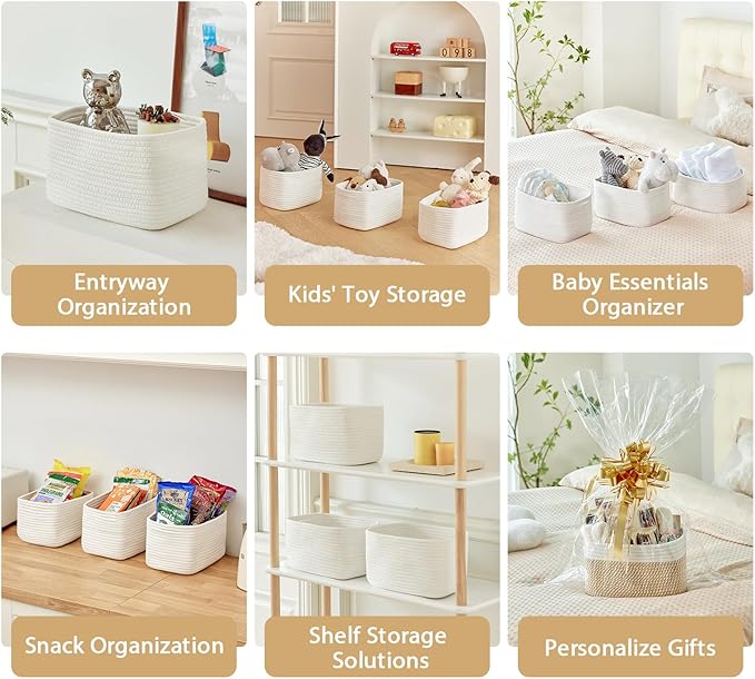 Small Cotton Rope Storage Basket Set of 3-11"x7"x7" Perfect Woven Baskets for Storage, Ideal Storage Baskets for Organizing Toys, Towels, and More - Baskets for Shelves and Home Decor（White）-Ruum Studio Home