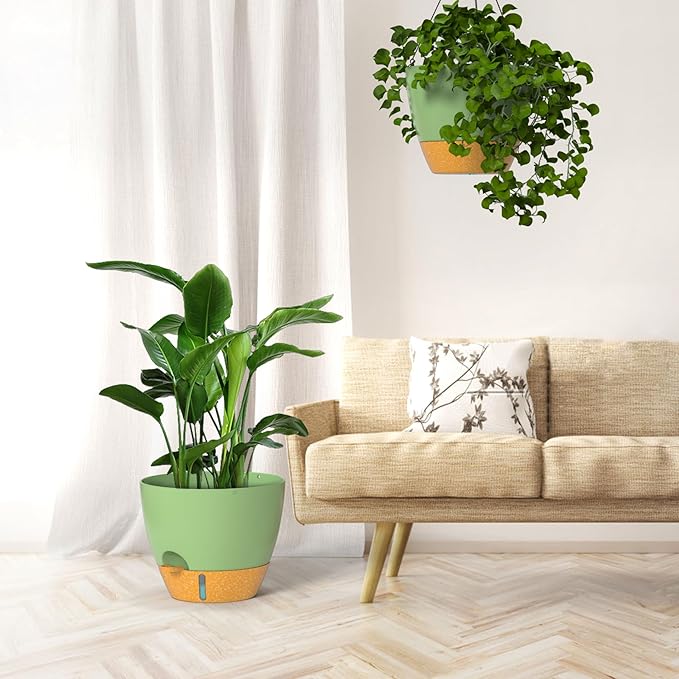 ZMTECH 12 Inch Hanging Planters for Indoor Outdoor Plants, 2 Pack Self Watering Hanging Plant Pots with Drainage Hole, Visual Reservoir, Plastic Flower Hanging Pots with Watering Lip (Green)-Ruum Studio Home