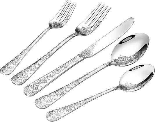 Floral 40 Pcs Silverware Set for 8, Food Grade Stainless Steel Flatware Set with Rose Flower Embossed Design, Eating Utensils Sets Include Fork/Knife/Spoon, Reusable Cutlery Set, Dishwasher Safe-Ruum Studio Home