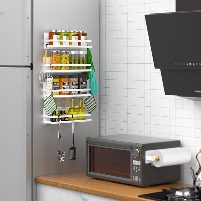Magnetic Spice Rack for Refrigerator Moveable Magnetic Shelf Organizer with Paper Towel Holder Kitchen Refrigerator Storage Rack Fridge Magnet Organizer,White,3 Packs-Ruum Studio Home