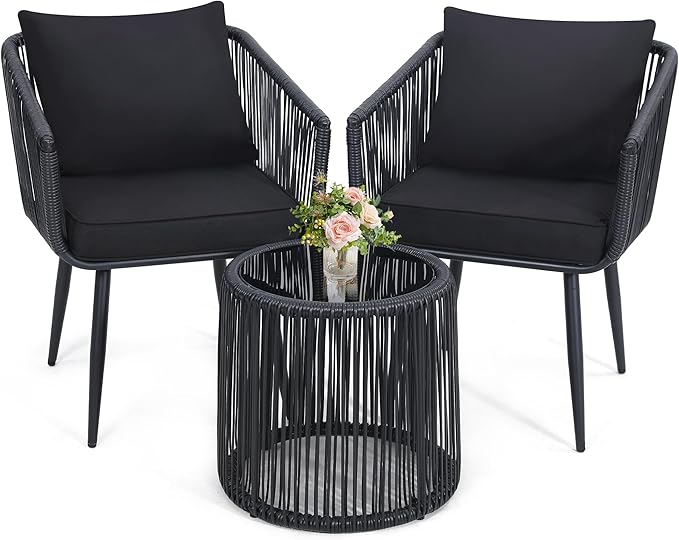 Kromax 3 Pieces Patio Rattan Bistro Conversation Set, Outdoor All-Weather Wicker Furniture Chairs and Side Table Set Ideal for Balcony, Porch and Backyard, Black-Ruum Studio Home