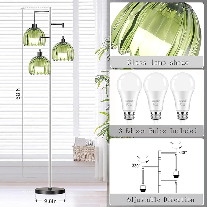 Glass Gold Floor Lamp for Living Room,Bedroom,Mid Century Modern Standing Lamp Brass Tree 3 Light Tall Floor Lamps Vintage Retro Floor Lights Green Flower Lamp Shade Farmhouse Boho Bohemian-Ruum Studio Home