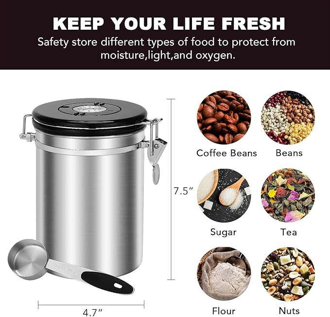 ShanSon Coffee Canister Airtight Stainless Steel Kitchen Food Storage Container with Date Tracker for Beans Grounds Tea Flour Cereal Sugar, 22OZ, Silver-Ruum Studio Home
