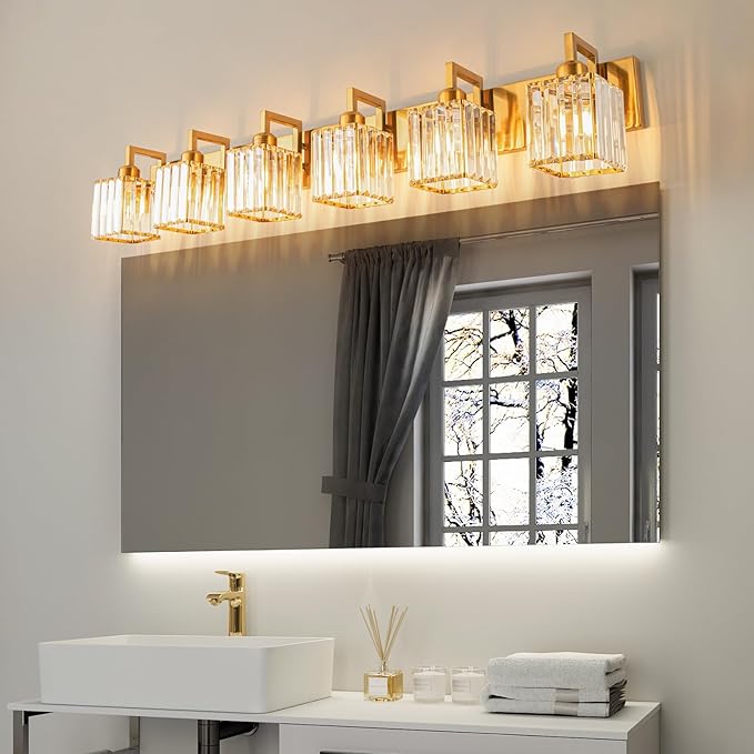 Modern Crystal Bathroom Vanity Light - 6-Lights Gold Brushed Brass Finish Wall Lamp-Ruum Studio Home