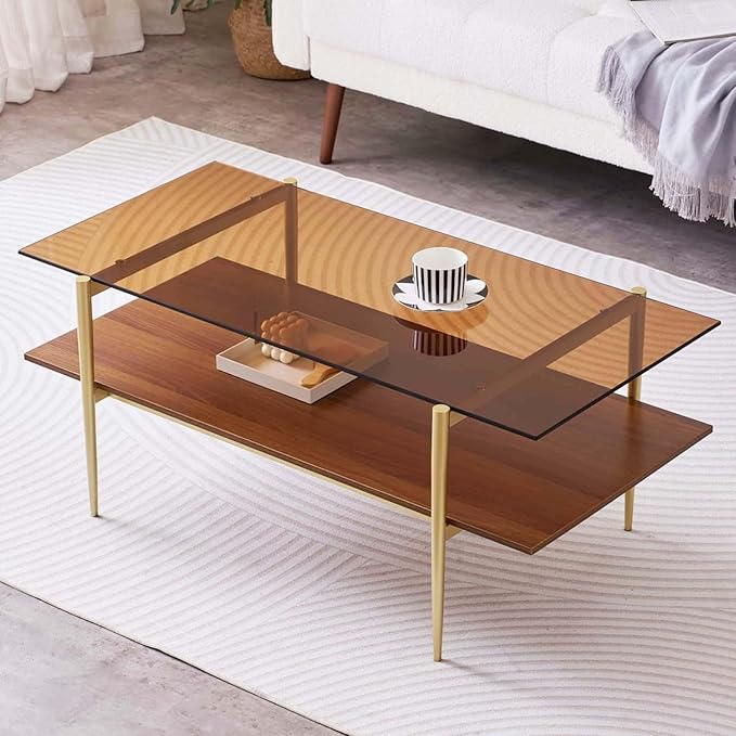 Rectangle Coffee Table, Mid-Century Modern Design, L41 W21 x H17, for Living Room, 2-Tier Structure, Amber Glass Top and Walnut MDF Shelf, Sleek Conical Metal Legs with Gold Finish-Ruum Studio Home