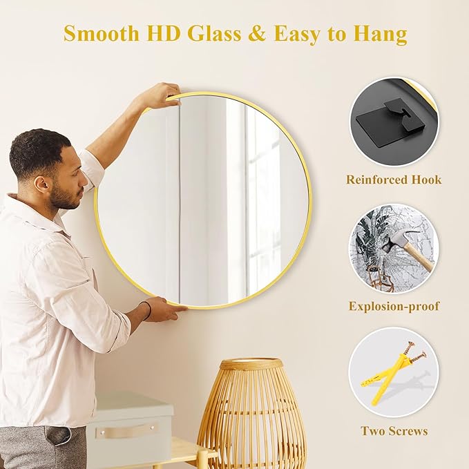 Fabuday Gold Circle Mirror for Bathroom - 24 Inch Golden Framed Round Mirror for Wall Decor, Living Room, Bedroom, Entryway Circular Mirrors-Ruum Studio Home