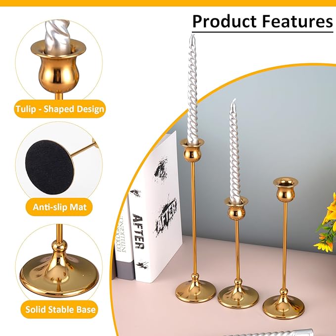 Taper Candle Holder Tall Vintage Metal Candlestick Holders Candle Stick Candelabra for Halloween Thanksgiving Christmas Holiday Wedding (Gold, 1 Set (3 pcs))-Ruum Studio Home