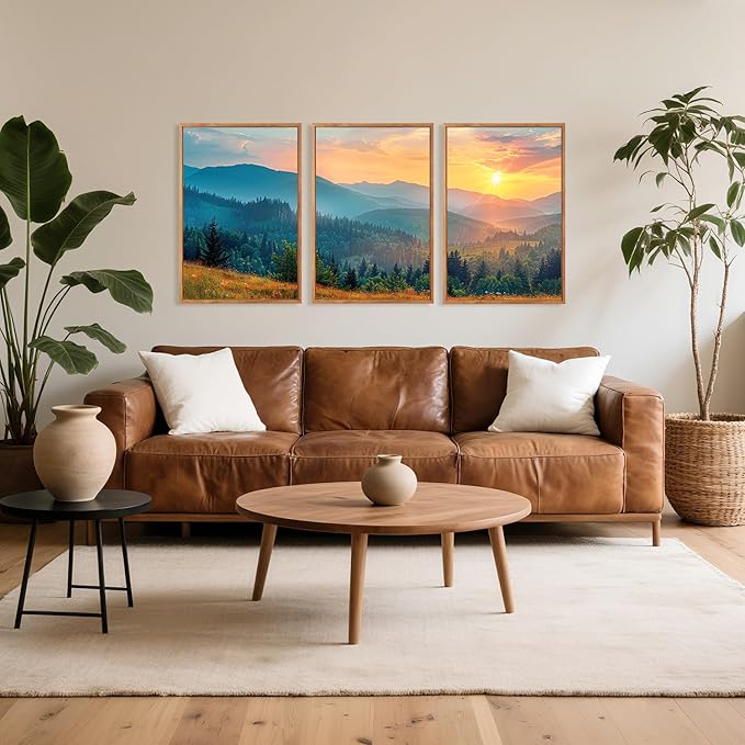 Aurlan Boho Mountain Sunset Landscape Framed Wall Art(16"x24"), 3PCS Green Blue Ridge Grand Teton National Park Canvas Artwork, Abstract Modern Watercolor Nature Forest Scenery Decor for Home Office Bedroom-Ruum Studio Home