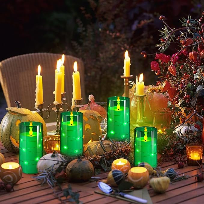 NURADA Flickering Flameless Candles: Built-in Star String Acrylic Battery LED Pillar Candles Candles with Remote and Timer for Home Party Weddings Christmas Halloween Decor -Green 2 Pack-Ruum Studio Home