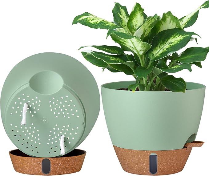 montresor 2 Pack 10 inch Plant Pots, PP Plastic Self Watering Planter with Drainage and Tray for Indoor Outdoor Plants, Water Level Window & Reservoir Flower Pots Decorative Planter (Green)-Ruum Studio Home