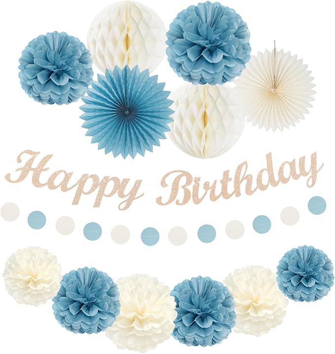 Dusty-Blue White Birthday Party-Decorations Paper-Flowers - 14pcs Happy Banner Boy Lanterns Tissue Pom Poms,Men Streamers Garland Fans Honeycomb,Baby Teen Male Kids Hanging Supplies Decor Hugfond-Ruum Studio Home
