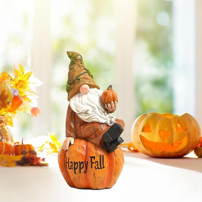 Topadorn Fall Garden Gnome Figurine Sitting on Pumpkin Statue Autumn Harvest Garden Gnomes Statue Figurine for Patio Yard Lawn Porch Decoration, Happy Fall-Ruum Studio Home