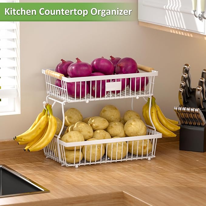 2 Tier Fruit Basket for Kitchen Counter with 2 Banana Hangers, Countertop Metal Fruit Bowl with Wooden Handle, Large Storage Stand for Vegetables, Snacks, Breads, Produce Storage – White-Ruum Studio Home