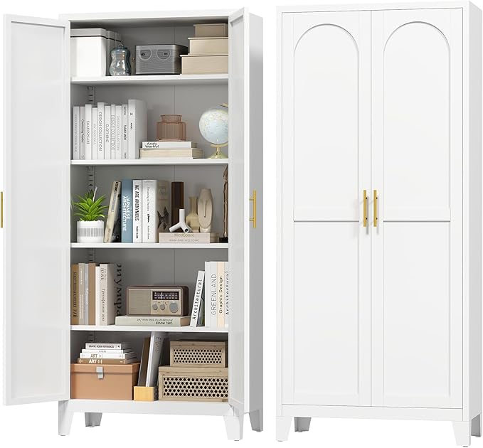 70.87" H Metal Kitchen Pantry Cabinet, Freestanding Cupboard with 2 Doors and 4 Adjustable Shelves, Tall Metal Storage Cabinet for Kitchen, Bathroom, Dinning Room or Laundry Room （White）-Ruum Studio Home