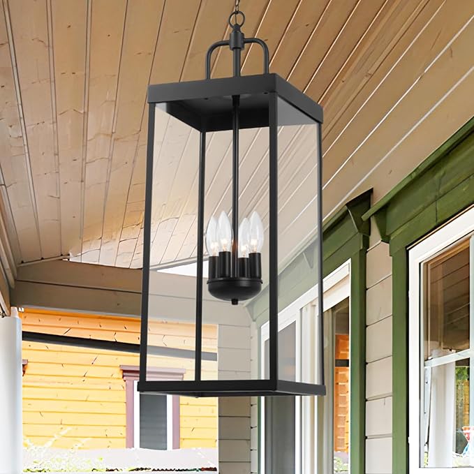 Large Outdoor Pendant Lantern Light Fixture for Front Porch, 28 Inch 4-Light Black Exterior Hanging Chandelier with Clear Glass, Outdoor Indoor Pendant Lamp for Patio, Gazebo, Entryway, Doorway-Ruum Studio Home