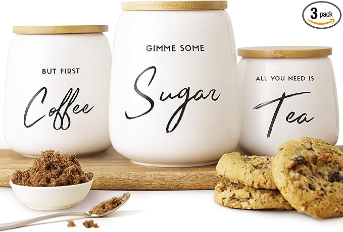 Coffee Tea and Sugar Ceramic Canister Set - 3-Piece Airtight Kitchen Canisters for Countertop - Coffee Bar Container Set-Ruum Studio Home