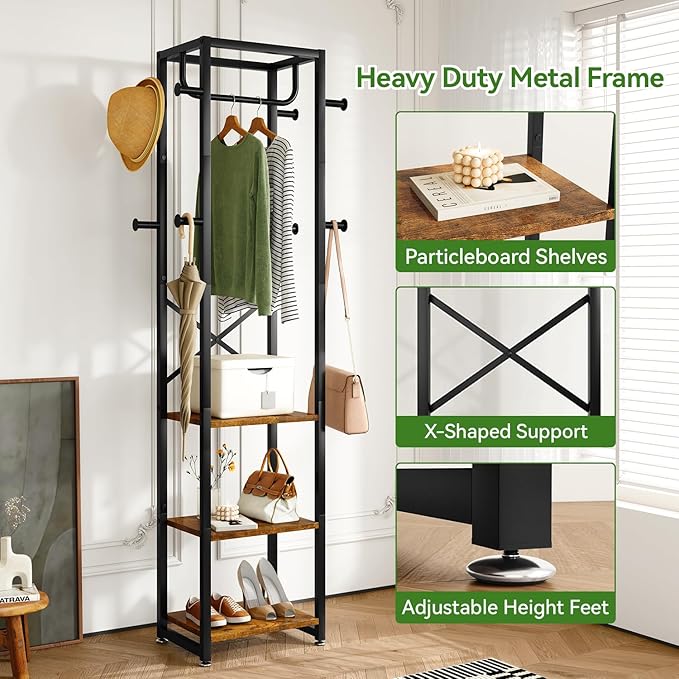 IBUYKE Coat Rack with Shelves, Freestanding Hall Tree with 3 Shelves and 8 Hooks, Industrial Clothes Stand for Entryway, Hallway, Bedroom, Rustic Brown UTMJ088H-Ruum Studio Home