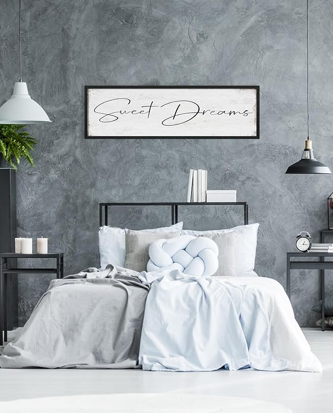Sweet Dreams Sign Bedroom Decor: Sweet Dreams Wall Decor Above Bed Large Farmhouse Guest Room Hanging Plaque Framed Wall Art for Over Bed 12" x 40"-Ruum Studio Home