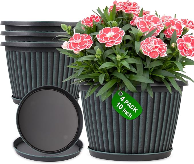 10 Inch Planter-Pots-for-Plants-Indoor-Outdoor, 4 Pack Plastic Flower Pots with Saucer & Drainage Holes, Modern Decorative Resin Garden Pots-Ruum Studio Home