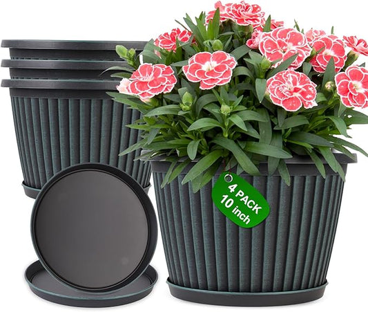 10 Inch Planter-Pots-for-Plants-Indoor-Outdoor, 4 Pack Plastic Flower Pots with Saucer & Drainage Holes, Modern Decorative Resin Garden Pots-Ruum Studio Home