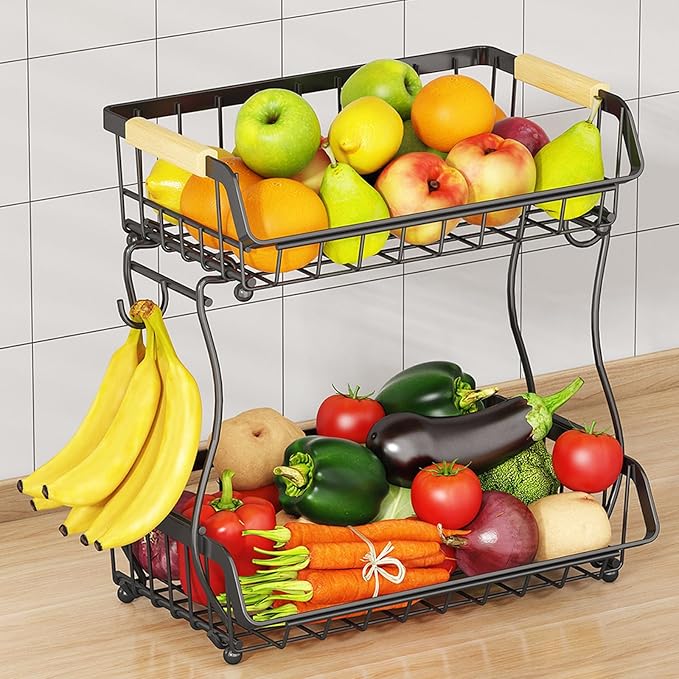 2 Tier Fruit Basket with 2 Banana Hangers, Detachable Countertop Fruit Bowls for Kitchen Counter, Metal Wire Fruit Vegetable Storage Holder Stand with Wooden Handles for Bread, Snacks, Veggies-Ruum Studio Home