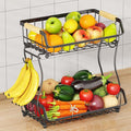 2 Tier Fruit Basket with 2 Banana Hangers, Detachable Countertop Fruit Bowls for Kitchen Counter, Metal Wire Fruit Vegetable Storage Holder Stand with Wooden Handles for Bread, Snacks, Veggies-Ruum Studio Home