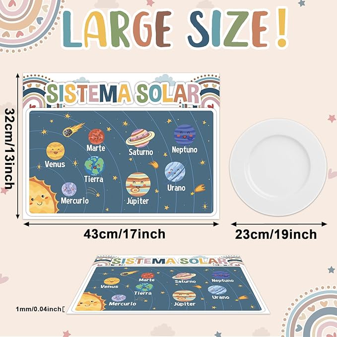 Spanish Educational Preschool Placemats Set of 6 Boho Plastic Table Mats Toddler Children Montessori Place Mats for Kids Washable Vinyl Holiday Table Decoration for Indoor Outdoor Party Kitchen Dining-Ruum Studio Home