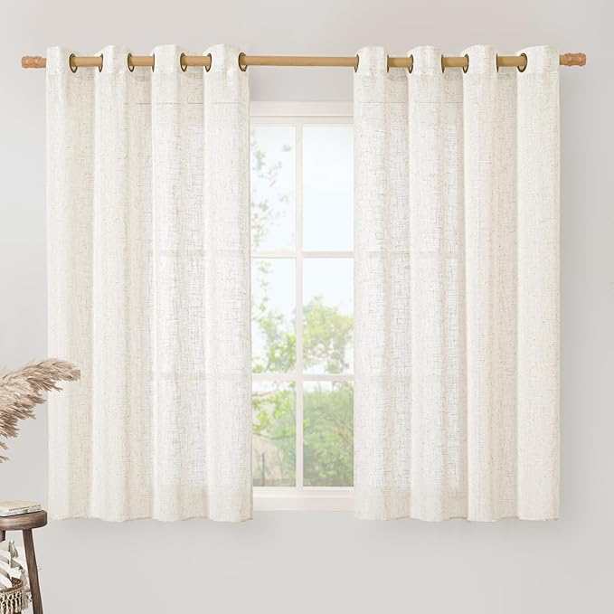LAMIT Linen Semi Sheer Curtains 45 Inch Length, Cream Light Filtering Short Linen Neutral Decorative Window Curtains with Bronze Grommet for Bedroom/Farmhouse, 2 Panels Set, 52 x 45 Inch-Ruum Studio Home