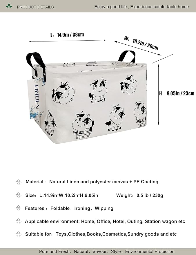 Rectangular Folding Laundry Basket,Canvas Basket,Nersury Hamper,Suitable for Children,Office,Bedroom,Clothes,Toys Storage (REC Cow), 14.9’’L ×10.2’’W×9.05’’H inches-Ruum Studio Home