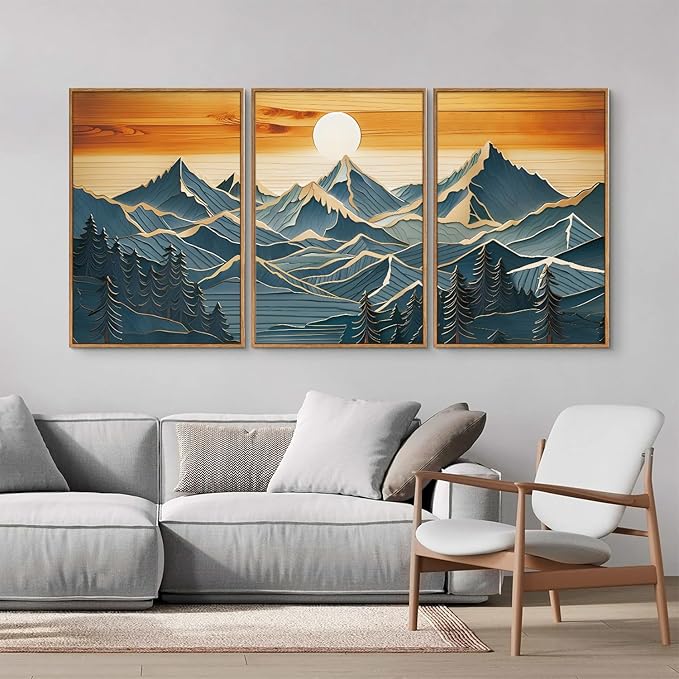 Tinonedraw Vintage Mountain Framed Canvas Wall Art Set of 3, Boho Nature Wilderness Art Prints, Mid Century Modern Ridge Scenery Wall Decor, Sunrise Forest Woodcut Style Art Paintings for Living Room Bedroom, Office 16"x24"-Ruum Studio Home