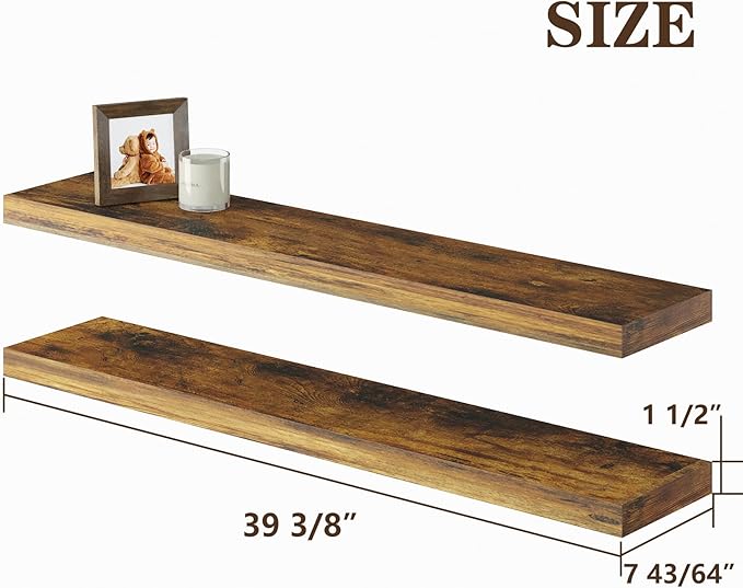 BAMEOS Floating Shelves,40 in W x 7in D Wall Mounted Wooden Shelves with Invisible Brackets Set of 2, Hanging Wall Shelves Decoration for Bedroom, Bathroom, Living Room and Kitchen,Rustic Brown-Ruum Studio Home