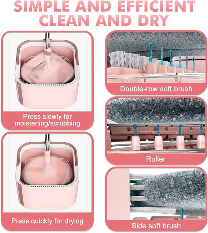 Upgraded Spin Mop and Bucket Set Self-Standing Mop Bucket Separate Dirty and Clean Water System Self Wringing 360° Rotating 90° Foldabl Mops and Buckets for Floor Cleaning (Pink, 2Pads)-Ruum Studio Home