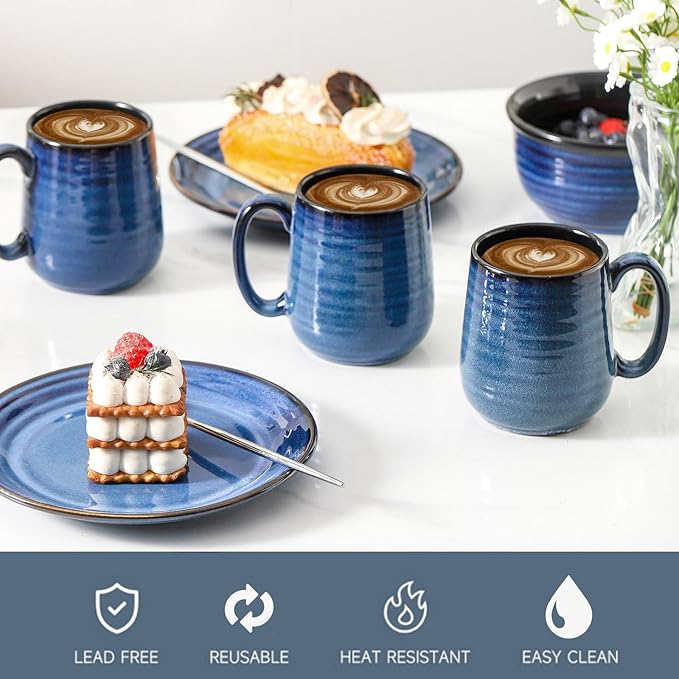 Hasense Coffee Mugs Set of 6, 12 Ounce Coffee Cups Set with Handle, Ceramic Tea Mugs for Kitchen, Blue Latte Mugs for Coffee,Cocoa, Tea, Stylish Mug Gift, Dishwasher and Microwave Safe-Ruum Studio Home