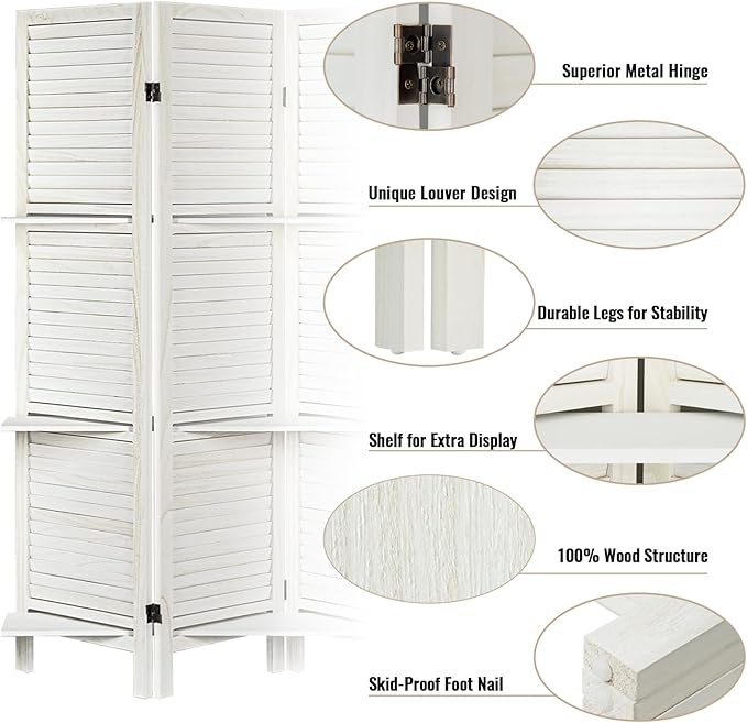 Room Divider with Shelves, Privacy Screen, Room Dividers and Folding Privacy Screens, 5 Panel Wood Temporary Wall Partition Separation Separator, White-Ruum Studio Home