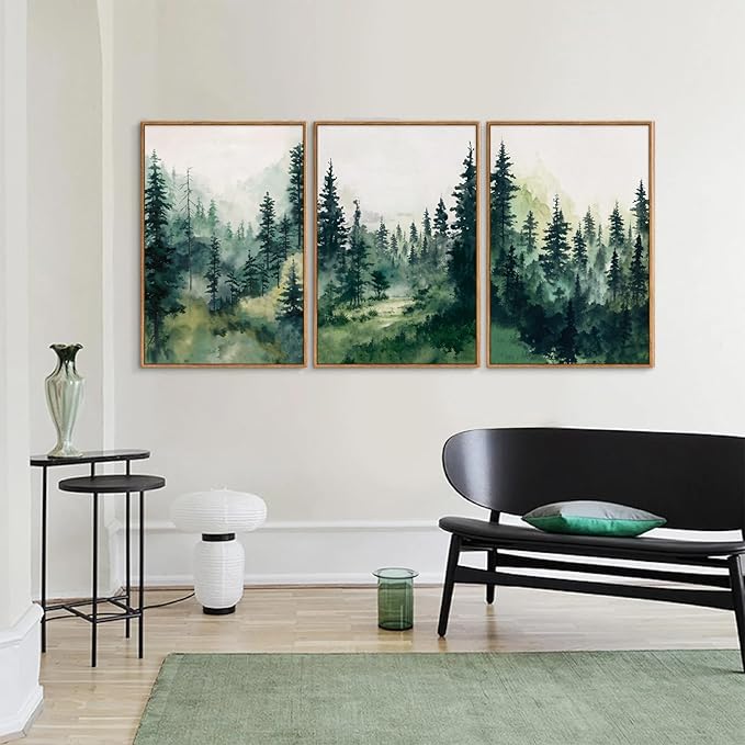 Tinonedraw Watercolor Forest Framed Canvas Wall Art Set, Modern Pine Tree Wall Painting, Nature Foggy Landscape Wall Decor, Misty Mountain Art Prints for Bedroom Living Room Farmhouse Office 16"x24"x3-Ruum Studio Home