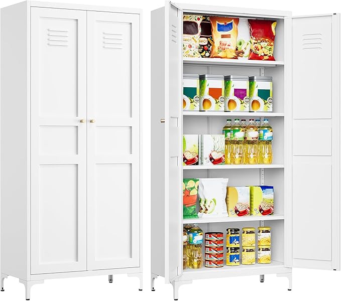 SISESOL Metal Storage Cabinet with Doors and Shelves,White Storage Cabinet with Leg & Vent Hole,Food Pantry Cabinets,5 Tier Metal Pantry,Tall Large Cupboard for Home,Kitchen,Dining/Living/Laundry Room-Ruum Studio Home