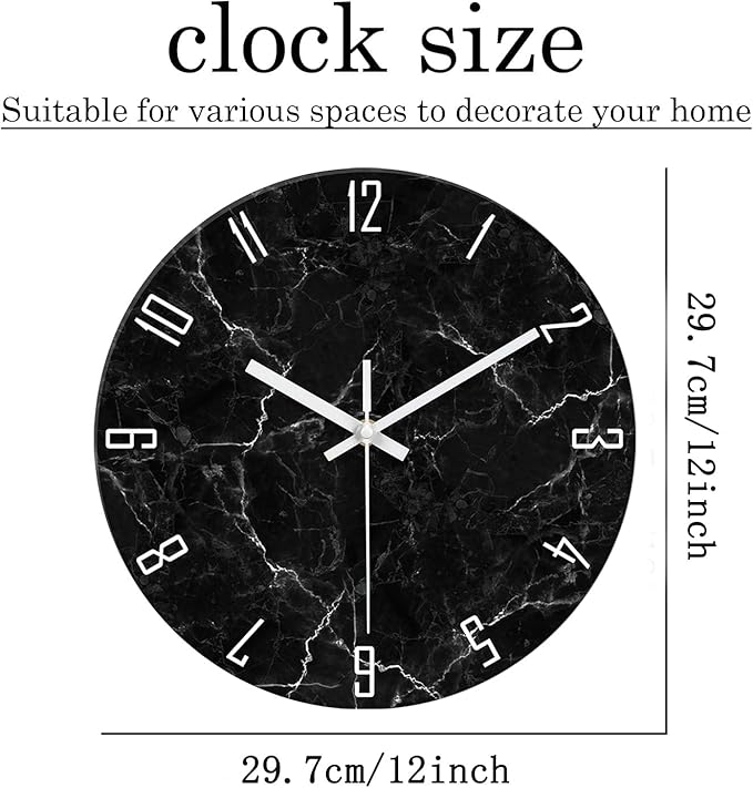 Black Minimalist Wall Clocks for Living Room Glass Marble Pattern Wall Clocks Battery Operated 12 Inch Abstract Wall Clock Non Ticking-Ruum Studio Home