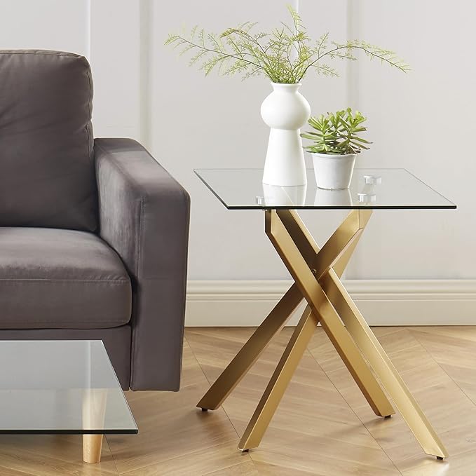 Modern Style Square Side Table with Tempered Glass Top and Metal Tubular Legs, Gold 20”Dx20”Wx22”H-Ruum Studio Home