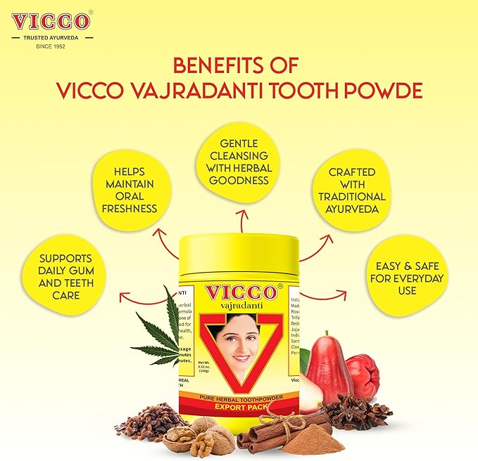 Vicco Vajradanti Herbal Tooth Powder, Classic Ayurvedic Blend with 18 Herbs & Barks, 3.53 oz (Pack of 3)-Ruum Studio Home