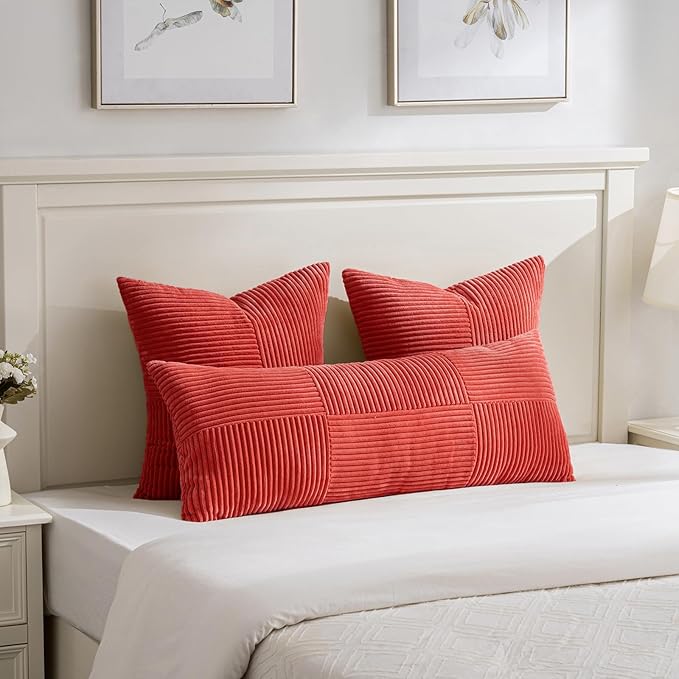 Fancy Homi 2 Packs Red Decorative Throw Pillow Covers 18x18 Inch for Living Room Couch Bed Sofa, Rustic Boho Farmhouse Home Decor, Soft Corss Corduroy Patchwork Textured Square Cushion Case 45x45 cm-Ruum Studio Home