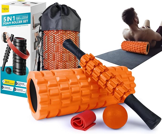 5 in 1 Foam Roller Set for Deep Tissue Muscle Massage, Trigger Point Fitness Exercise Foam Roller, Massage Roller, Massage Ball, Stretching Strap, for Whole Body (Orange Black)-Ruum Studio Home