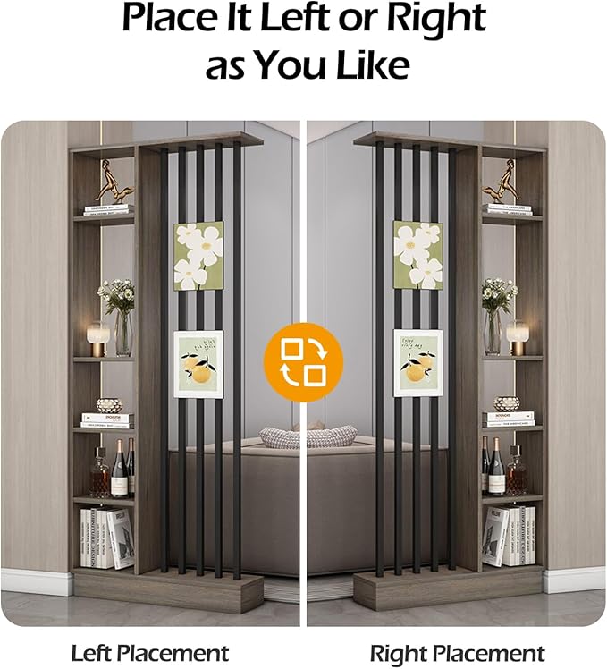 Wall Room Divider, Storage Cabinet Storage Display with Shelves, Modern Freestanding Wood Room Divider Screen, Wall Privacy Screens for Home Decorative (Grey Oak+Black,55" L x 9.5" W x 79.5" H)-Ruum Studio Home