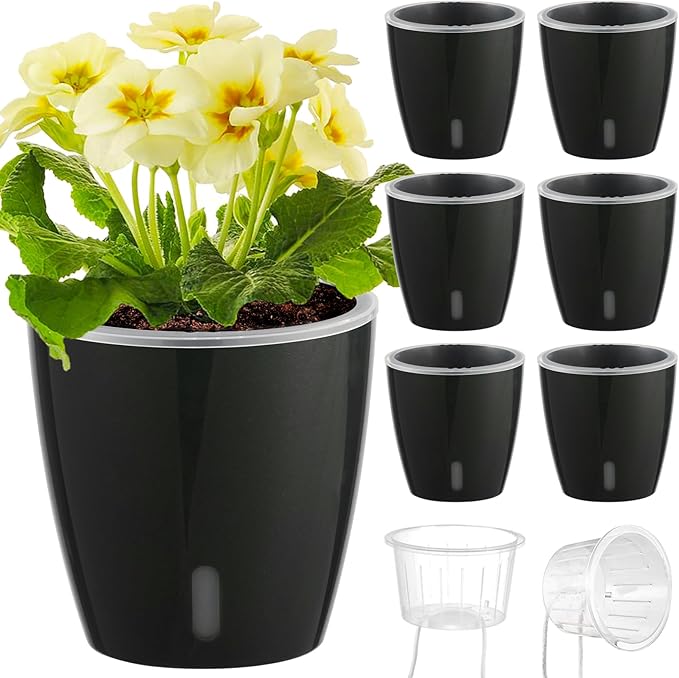 Self Watering Pots for Indoor Plants, 6-Pack 5'' Self Watering Planter with Drainage Holes, Small African Violet Pots with Water Indicator, Clear Wick Orchid Pot, Black-Ruum Studio Home