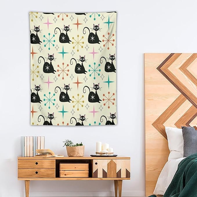 ICMOLYYENLO Abstract Cat Tapestry, Medieval Abstract Atomic Star Cat Vintage Home Wall Hanging Art Tapestry for Bedroom Living Room Dormitory 40x60 Inch-Ruum Studio Home