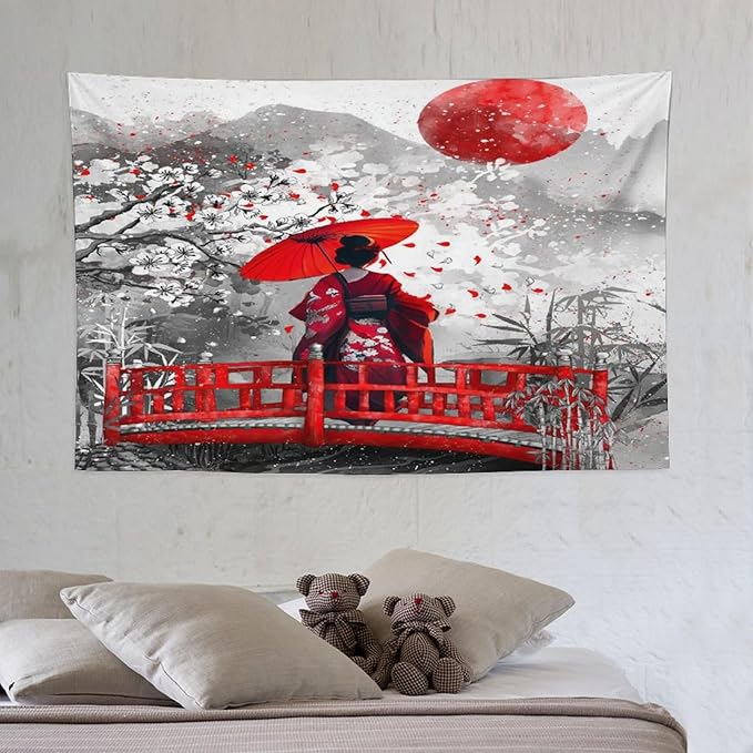 Japanese Red Geisha Tapestry Asian Cherry Blossom Red Sun Traditional Kimono Folk Tapestries Home Decor for Living Room Bedroom Apartment Farmhouse Dorm 60"x40"-Ruum Studio Home
